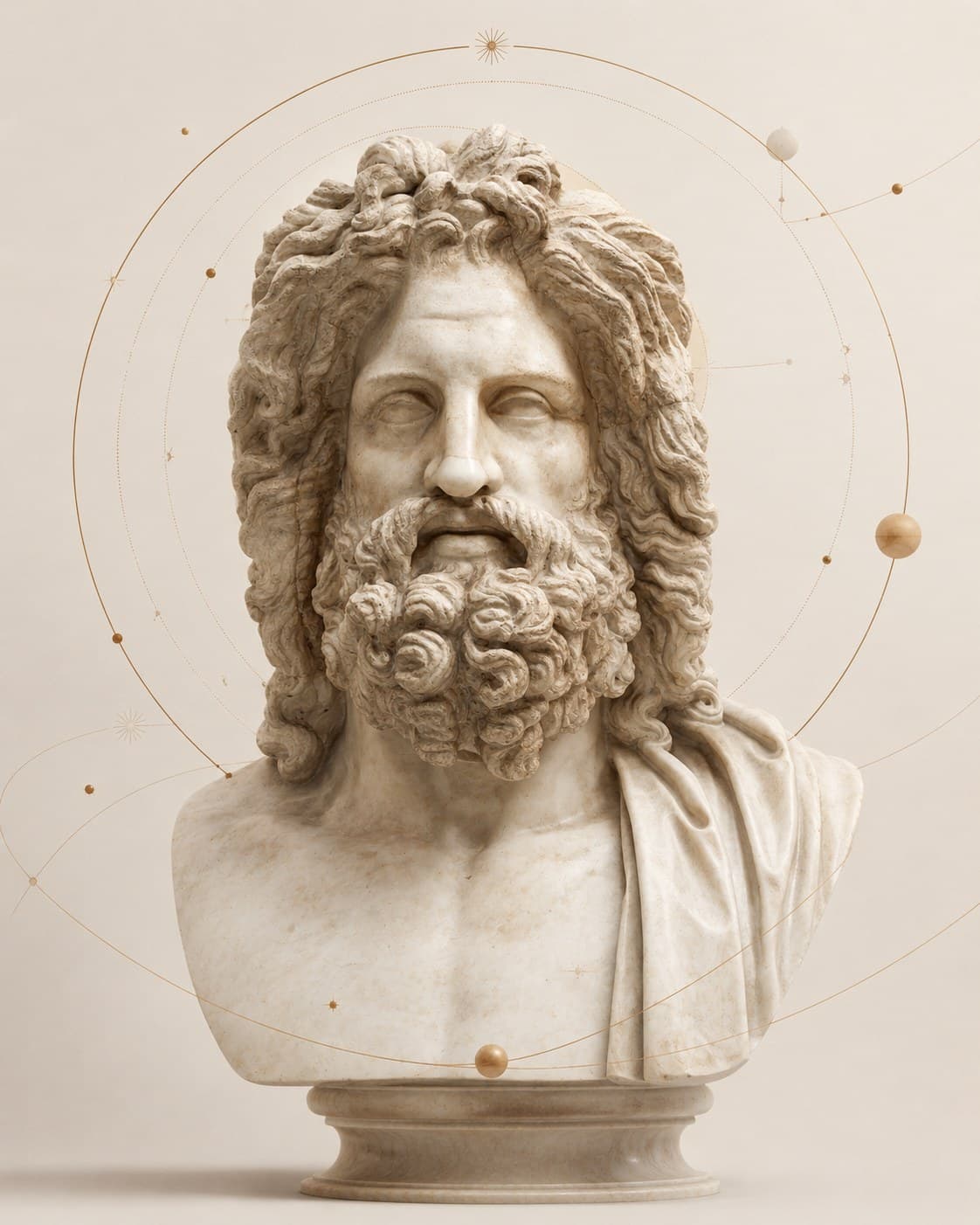 Aster, the OrbitWise astrologer: a marble bust encircled by orbital rings and small planetary spheres.
