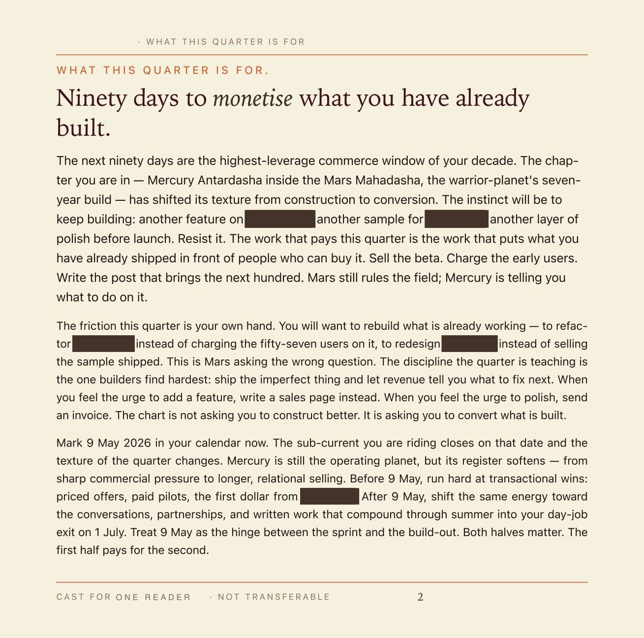A real page from an Executive Report, headed 'Ninety days to monetise what you have already built', with the reader's name and every company and person struck out in ink.